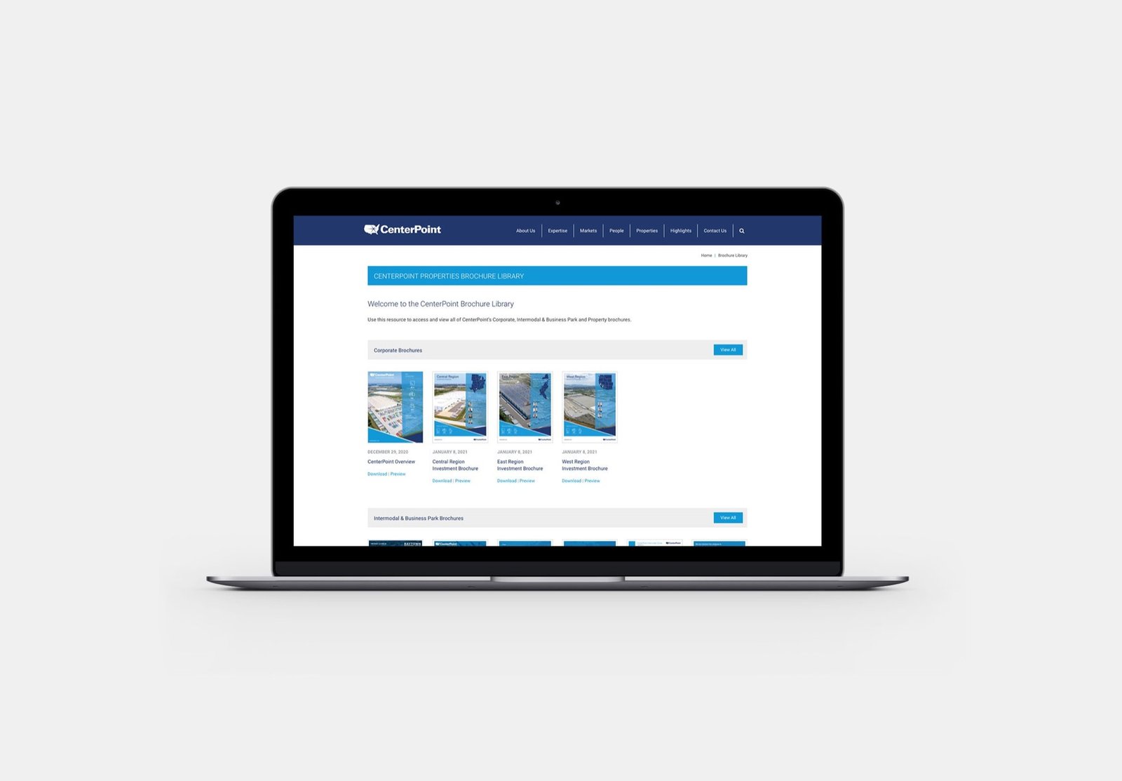 CenterPoint Properties homepage shown on a laptop