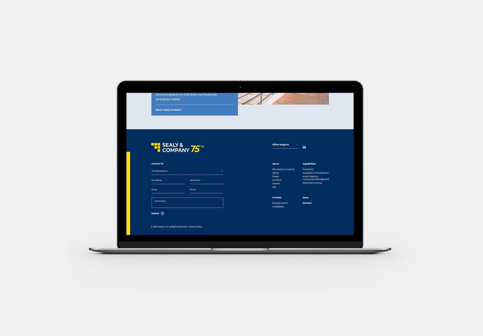 Sealy and Company homepage shown on a laptop