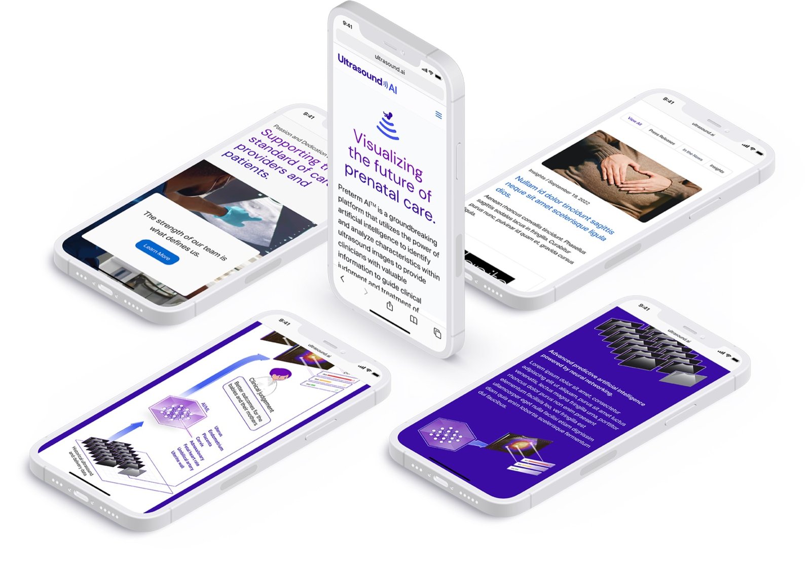 Five mobile screens showing the Ultrasound AI component library across home, team, insights and technology pages